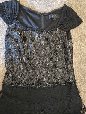 Tadashi Collection silk Black Lace Ruffle Tiered Cap Sleeve Cocktail Dress sz 8P